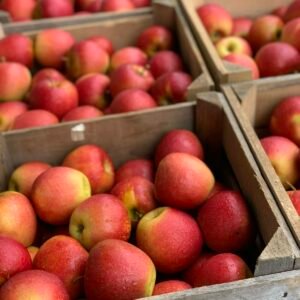 Red apples in a wooden crate